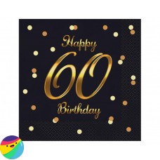 Serviete Happy Birthday 60 črne z zlatim napisom